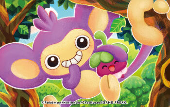 ^_^ aipom blue_sky bounsweet closed_eyes cloud company_name copyright_name copyright_notice day gen_2_pokemon gen_7_pokemon grin holding holding_pokemon in_tree leaf nintendo no_humans official_art open_mouth outdoors pokemon pokemon_(creature) pokemon_focus pokemon_tcg shibuzoh sky smile teeth tree