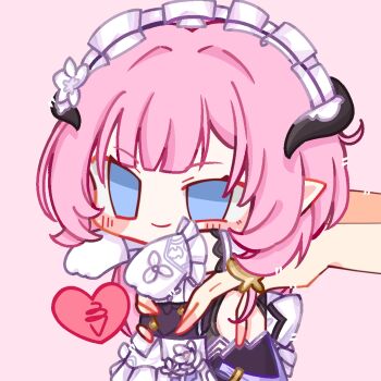 1girl 1other apron black_dress black_horns blue_eyes blush_stickers chinese_commentary commentary_request dress elf elysia_(honkai_impact) elysia_(miss_pink)_(honkai_impact) elysia_(miss_pink_elf)_(honkai_impact) fake_horns gloves heart holding_chibi honkai_(series) honkai_impact_3rd horns ling280945 long_hair maid maid_apron maid_headdress official_alternate_costume pink_hair pointy_ears simple_background smile very_long_hair white_apron white_gloves