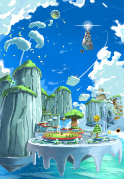 ?_coin blue_sky cloud coin day floating_island fluffy_bluff_galaxy_(mario) gold_coin grass highres maribou_(supermaribou) mario_(series) nintendo outdoors scenery sky super_mario_galaxy_2 tree