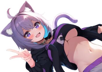 1girl :d absurdres ahoge animal_collar animal_ears arched_back bakko belt_collar black_collar black_hoodie blue_hair blush breasts cat_ears cat_girl cat_pendant cat_tail collar colored_inner_hair commentary_request crop_top crop_top_overhang cropped_hoodie crossed_bangs double-parted_bangs drawstring fang food_print groin hair_between_eyes highres hololive hood hoodie large_breasts linea_alba long_sleeves looking_at_viewer lowleg lowleg_pants medium_hair messy_hair midriff multicolored_hair nail_polish navel nekomata_okayu nekomata_okayu_(1st_costume) no_bra onigiri_print open_mouth pants purple_eyes purple_hair purple_nails simple_background smile solo sparkling_eyes stomach sweatpants tail underboob v virtual_youtuber white_background white_pants