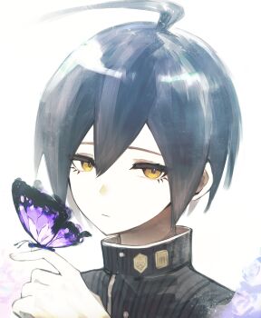 Rule 34 | 1boy, ahoge, bishounen, black hair, black jacket, bug, butterfly, butterfly on hand, buttons, collared jacket, commentary, danganronpa (series), danganronpa v3: killing harmony, flower, hair between eyes, hand up, highres, insect, jacket, light particles, looking at viewer, lower eyelashes only, male focus, pale color, pinstripe jacket, pinstripe pattern, portrait, purple butterfly, saihara shuichi, short hair, solo, striped clothes, striped jacket, symbol-only commentary, white background, yellow eyes, zr 310