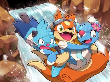 blue_eyes blush brionne dewott etotsuji falling floatzel flower gen_4_pokemon gen_5_pokemon gen_7_pokemon goggles green_eyes happy highres nintendo open_mouth pokemon pokemon_(creature) scared smile tears water waterfall whiskers