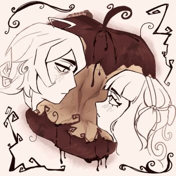 1boy 1girl ahoge apple apple_core appletrend bags_under_eyes blunt_bangs closed_mouth expressionless eye_contact father_and_daughter food fruit hair_ribbon hairband implied_incest long_hair looking_at_another nokota_(roseary) original parted_lips ribbon roseary ryder_(roseary) short_hair twintails