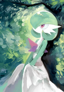 against_tree closed_mouth colored_skin commentary dmt_(auburn) english_commentary gardevoir gen_3_pokemon green_hair hair_between_eyes looking_to_the_side nintendo pokemon pokemon_(creature) pokemon_focus red_eyes short_hair solo tree white_skin