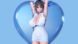 1girl 2_phut_hon_(song) 3d animated arcadia_(arcadiamkii) armpits arms_behind_head audible_music black_hair blue_eyes bouncing_breasts breasts cleavage cleavage_cutout clothing_cutout cowboy_shot dancing dress dungeon_ni_deai_wo_motomeru_no_wa_machigatteiru_darou_ka female_focus gloves heart hestia_(danmachi) highres honey_select huge_breasts large_breasts long_hair looking_at_viewer me!me!me! music rei_no_himo ribbon smile solo sound video white_gloves wide_hips