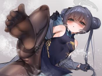 1girl absurdres armpit_crease bare_shoulders black_dress black_gloves black_hair black_jacket black_pantyhose blue_archive blush breasts cameltoe china_dress chinese_clothes clothing_aside covered_erect_nipples dot_nose double_bun dragon_print dress feet foot_focus gloves grey_background grey_eyes hair_bun halo highres jacket jacket_partially_removed kisaki_(blue_archive) knees_up leg_up loli long_hair looking_at_viewer lying mandarin_collar mashiropp no_panties on_side open_mouth pantyhose pelvic_curtain pelvic_curtain_aside pinstripe_jacket pinstripe_pattern presenting_foot sideboob sleeveless sleeveless_dress small_breasts soles solo steaming_body sweat tsurime