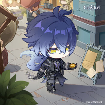 1girl 4boys absurdres antenna_hair belt black_belt black_gloves blonde_hair blue_hair boots brown_hair chibi closed_mouth commentary copyright_name crossed_bangs dot_nose english_commentary faceless faceless_female faceless_male flins_(genshin_impact) gem genshin_impact gloves goggles goggles_on_head gradient_hair grey_pants hair_between_eyes hand_up highres holding long_hair long_sleeves low_ponytail multicolored_hair multiple_boys official_art pants ponytail standing very_long_hair yellow_eyes yellow_gemstone