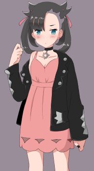 1girl asymmetrical_bangs black_choker black_hair black_jacket black_nails blush breasts choker cleavage commentary_request cowboy_shot dress earrings green_eyes grey_background hair_ribbon hand_up highres jacket jewelry looking_at_viewer marnie_(pokemon) nintendo open_clothes open_jacket pink_dress pokemon pokemon_swsh red_ribbon ribbon simple_background single_earring single_off_shoulder small_breasts solo sr_soba twintails undercut