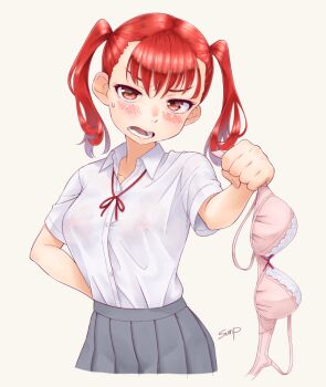 1girl :o arm_behind_back blush bra breasts covered_erect_nipples grey_skirt kyoubashi_amane medium_hair red_eyes red_hair school_girl_strikers school_uniform shirt short_sleeves simple_background skirt small_breasts sunsun69 sweatdrop tsundere twintails underwear unworn_bra white_shirt