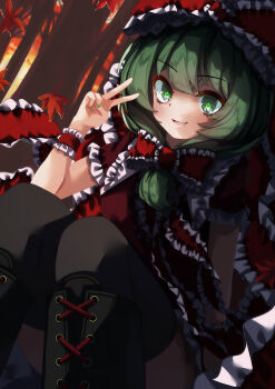 1girl absurdres black_thighhighs bow cheesegyuudon09 collared_dress commission dress dutch_angle forest front_ponytail green_eyes green_hair green_nails highres kagiyama_hina leaf looking_at_viewer maple_leaf nature open_mouth pixiv_commission red_bow red_dress red_ribbon ribbon sitting solo thighhighs touhou tree v wrist_ribbon
