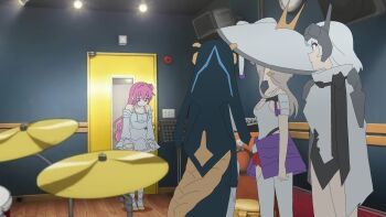 absurdres armor blonde_hair bocchi_the_rock! braid breasts cloak detached_sleeves dorothy_(nikke) dress frilled_dress frills goddess_of_victory:_nikke grey_hair hair_bun hair_ribbon hat highres hip_armor japanese_armor jingasa large_hat leotard long_hair looking_down medium_breasts parody pink_hair purple_eyes purple_ribbon rapunzel_(nikke) ribbon scarlet_(nikke) shoulder_armor snow_white_(nikke) sode torn_cloak torn_clothes veil visor_(armor) wge white_cloak white_dress white_hair white_leotard