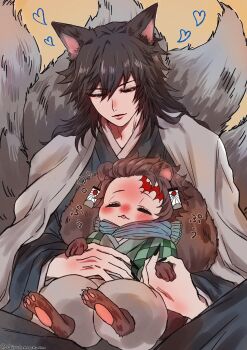 2boys alternate_costume animal_ears bear_ears black_hair blue_kimono blush brown_hair closed_eyes commentary_request earrings fox_ears giyutannonuma green_haori half-closed_eyes hanafuda_earrings haori highres japanese_clothes jewelry kamado_tanjirou kimetsu_no_yaiba kimono long_hair looking_down male_focus multiple_boys multiple_tails parted_lips short_hair smile tail tomioka_giyuu white_haori