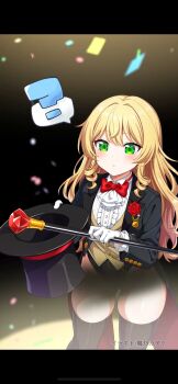 1girl ? absurdres black_cape black_cloak black_hat black_jacket black_leotard black_thighhighs blonde_hair bow bowtie cane cape cloak collared_shirt commentary_request commission confetti dress_shirt drill_hair gem gloves gluteal_fold green_eyes hat highleg highleg_leotard highres holding holding_unworn_clothes holding_unworn_hat jacket leotard leotard_under_clothes long_hair original phantom_thief_(kkmomo67) red_bow red_bowtie scepter shirt side_drill skeb_commission solo spoken_question_mark thighhighs thighs top_hat torinokawori twin_drills two-sided_cloak two-sided_fabric two-tone_cloak unworn_hat unworn_headwear vest white_gloves white_shirt yellow_vest