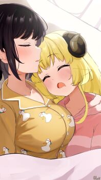2girls black_hair blonde_hair blush breasts closed_eyes drooling highres hololive horns indoors large_breasts leo_(f_mmmnkm_paint) long_hair lying multiple_girls on_back on_bed oozora_subaru open_mouth orange_pajamas pajamas pink_sweater sheep_girl sheep_horns short_hair sleeping striped_clothes striped_sweater subaru_duck sweater tsunomaki_watame under_covers virtual_youtuber yuri