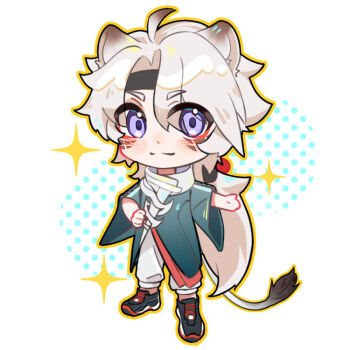 1boy animal_ears black_shoes blush chibi chibi_only chinese_commentary closed_mouth commentary_request cosplay lingyang_(wuthering_waves) lion_boy lion_ears lion_tail looking_at_viewer luosaihuer male_focus ponytail shoes smile sparkle tail white_hair wuthering_waves yu_(arknights) yu_(arknights)_(cosplay)