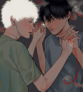 Rule 34 | 2boys, black hair, blue shirt, closed mouth, commentary request, glowing, glowing hair, green shirt, grey eyes, highres, hikaru ga shinda natsu, holding hands, indou hikaru, k1tr jun, lips, male focus, mole, mole on cheek, mole on neck, mole under eye, mole under mouth, multiple boys, multiple moles, shirt, short eyebrows, short hair, slit pupils, sweat, tsujinaka yoshiki, upper body, white hair, yaoi