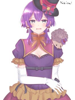 1girl alternate_costume animal animal_on_shoulder bernadetta_von_varley bernadetta_von_varley_(timeskip) black_hat blush dress elbow_gloves fire_emblem fire_emblem:_three_houses gloves grey_background grey_eyes hat hedgehog highres looking_at_viewer mini_hat mini_top_hat nintendo open_mouth purple_dress purple_hair purple_hat signature simple_background top_hat white_gloves yukichi_(yukichi_rururu)