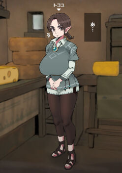 1girl alternate_breast_size_(larger) braid breasts brown_hair brown_pants cheese cheese_wheel collared_shirt commentary_request cross-laced_sandals food haiji_(sugakunigate) highres huge_breasts indoors jewelry koyin_(zelda) long_sleeves looking_at_viewer nintendo notice_lines own_hands_together paid_reward_available pants pendant pointy_ears sandals shirt speech_bubble standing table the_legend_of_zelda the_legend_of_zelda:_tears_of_the_kingdom thick_eyebrows translated twin_braids window