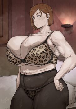 Rule 34 | 1girl, absurdres, akinaiyo, animal print, areola slip, bed, blush, bra, breasts, brown eyes, brown hair, commentary, highres, huge breasts, jujutsu kaisen, kugisaki nobara, leopard print, leopard print bra, leopard print panties, navel, panties, pantyhose, print bra, print panties, short hair, solo, steaming body, sweat, underwear