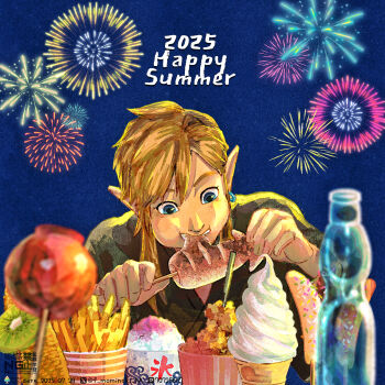 Rule 34 | 1boy, 2025, alternate costume, blue eyes, brown hair, candy apple, earrings, eating, english text, fireworks, food, french fries, fuyumaru mominoki, green kimono, highres, ice cream, japanese clothes, jewelry, kimono, link, male focus, nintendo, pointy ears, shaved ice, solo, the legend of zelda, the legend of zelda: breath of the wild
