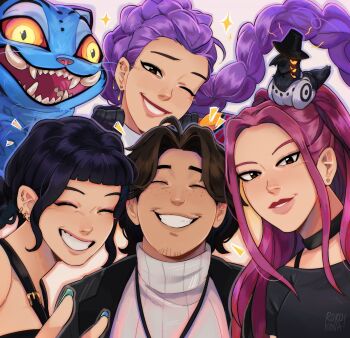 1boy 2others 3girls artist_name bird black_hair black_shirt blue_fur bobby_(kpop_demon_hunters) braid closed_eyes commentary cross-eyed derpy_(kpop_demon_hunters) english_commentary extra_eyes fangs grin highres kpop_demon_hunters long_hair looking_at_viewer mira_(kpop_demon_hunters) multiple_girls multiple_others nail_polish notice_lines one_eye_closed pink_hair purple_hair rorokonaa rumi_(kpop_demon_hunters) shirt smile sparkle sussie_(kpop_demon_hunters) tiger v very_long_hair white_background zoey_(kpop_demon_hunters)