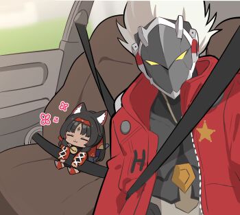 1boy 1girl :3 absurdres animal_ear_fluff animal_ears barcode barcode_tattoo bell billy_kid black_hair car_interior cat_ears cat_girl cat_tail closed_eyes commentary_request dark-skinned_female dark_skin flower_symbol forehead_tattoo hairband highres jacket korean_commentary looking_at_viewer neck_bell nekomiya_mana ooyun open_clothes open_jacket red_hairband red_jacket robot_boy seatbelt sitting spiked_hair tail tattoo white_hair zenless_zone_zero