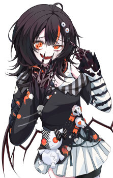 1girl absurdres arm_warmers black_hair black_sweater blunt_bangs claws colored_extremities commentary_request cowboy_shot dark_persona extra_pupils hands_up headphones headphones_around_neck highres long_hair long_sleeves looking_at_viewer mahou_shoujo_no_majo_saiban mismatched_pupils multicolored_hair open_mouth orange_eyes pleated_skirt sawatari_coco sharp_teeth shiroki_douke shirt simple_background skirt skull smile solo spoilers standing streaked_hair stuffed_animal stuffed_cat stuffed_toy sweater teeth white_background white_shirt white_skirt
