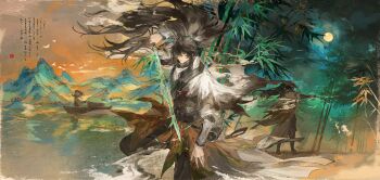 1boy bamboo bamboo_forest black_hair blind chinese_clothes chinese_hat duplicate forest green_sword grey_eyes highres ink_wash_painting long_hair male_focus mei_ren nature ponytail qiuyuan_(wuthering_waves) shirt white_shirt wuthering_waves