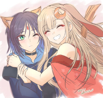 2girls ahoge animal_ear_fluff animal_ears bare_shoulders belt_collar black_collar blonde_hair blue_hair blue_hoodie blue_nails cho_kaguya-hime! closed_eyes closed_mouth collar colored_inner_hair commentary_request crescent crescent_hair_ornament dated eyeshadow facing_viewer forehead_jewel fox_ears fox_girl gem green_eyes grin hair_ornament hand_on_another's_arm hand_on_another's_shoulder hood hood_down hoodie japanese_clothes kaguya_(cho_kaguya-hime!) kimono long_hair long_sleeves makeup multicolored_hair multiple_girls nail_polish one_eye_closed purple_hair rabbit_ears rabbit_girl red_eyeshadow red_gem red_kimono sakayori_iroha short_hair smile upper_body yamamoto_arifred