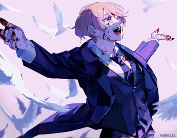 1boy :d artist_name bird black_jacket black_mouth black_necktie black_pants black_vest blonde_hair blood blood_on_clothes blood_on_face blood_on_hands blue_eyes buttons collared_shirt commentary crying crying_with_eyes_open dove elliot_(par0llel) from_side hair_between_eyes jacket layered_sleeves long_sleeves looking_up male_focus necktie open_clothes open_jacket open_mouth original pants par0llel pink_background shirt short_hair simple_background smile solo tears teeth tie_clip tongue upper_body vest white_bird white_shirt wide-eyed