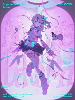 Rule 34 | 1girl, anhypnosis, arm warmers, artist name, bandaid, bandaid hair ornament, black choker, black skirt, character name, chinese commentary, choker, commentary request, copyright name, earrings, facing viewer, floating, full body, fur-trimmed skirt, fur trim, hair ornament, highres, jewelry, leg warmers, multiple hair clips, musical note earrings, nail polish, one side up, parted lips, pink arm warmers, pink background, pink leg warmers, shirt, skirt, solo, streamers, striped arm warmers, striped leg warmers, sunna (zenless zone zero), unconscious, virtual pet (toy), white shirt, white wings, wings, y2k fashion, zenless zone zero