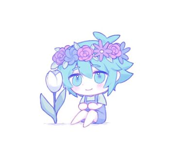 Rule 34 | 1boy, antenna hair, barefoot, basil (headspace) (omori), basil (omori), blue overalls, blush, chibi, chibi only, closed mouth, colored skin, commentary, double-parted bangs, flower, flower wreath, green sweater vest, hair between eyes, head wreath, male focus, omori, overall shorts, overalls, short hair, sidelocks, simple background, smile, solo, sweater vest, tulip, untranslatable commentary, white background, white flower, white skin, white tulip, yama (toaru puyopuyo)
