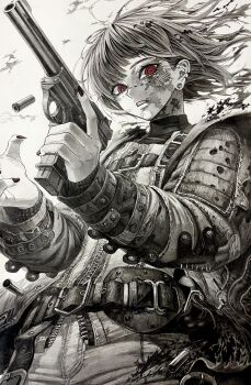 Rule 34 | 1girl, automag, belt, burn scar, casing ejection, denim, ear piercing, earrings, fingernails, floating hair, greyscale, gun, handgun, highres, holding, holding gun, holding weapon, jacket, jeans, jewelry, long sleeves, looking at viewer, magazine (weapon), magazine ejection, mihiro 00122, monochrome, nail polish, original, outstretched arms, pants, parted lips, piercing, red eyes, red nails, scar, scar on face, sharp fingernails, shell casing, short hair, simple background, solo, spot color, stitched face, stitches, stud earrings, torn clothes, torn jacket, torn jeans, torn pants, trigger discipline, upper body, weapon, zipper