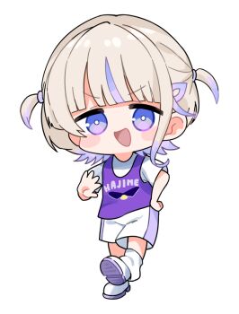 1girl :d basketball_jersey blonde_hair blunt_bangs character_name chibi commentary_request full_body gradient_hair hand_on_own_hip hololive hololive_dev_is kutata leg_warmers multicolored_hair open_mouth purple_hair purple_streaks shirt shoes short_hair shorts simple_background smile solo streaked_hair todoroki_hajime two_side_up virtual_youtuber white_background white_leg_warmers white_shirt white_shoes white_shorts