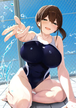 1girl arm_support armpit_crease bare_legs blue_one-piece_swimsuit blush breasts chain-link_fence collarbone commentary_request commission competition_swimsuit fence foreshortening groin huge_breasts kneeling miyabinp one-piece_swimsuit original ponytail skeb_commission smile solo splashing swimsuit