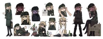 2girls absurdres blue_eyes bottle brown_hair demon_girl drunk elf fang high_heels highres holding holding_letter jacket karepack letter long_hair military_jacket military_uniform multiple_girls open_mouth original pointy_ears rubbing_ears simple_background smile solo_focus very_long_hair white_background yi_jina