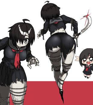 2girls absurdres ass_peek ayakakashi black_eyes black_hair black_serafuku black_skirt chibi doll_joints hair_over_one_eye highres holding holding_weapon joints koshou_shou_mitsu midriff multiple_girls multiple_views neckerchief red_neckerchief rope school_uniform serafuku shimizu_hinako silent_hill_(series) silent_hill_f skirt torn_clothes torn_skirt weapon