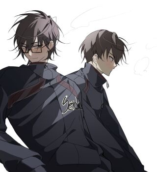2boys ace_of_diamond black-framed_eyewear blush brown_hair commentary glasses high_collar highres hjok_l jacket male_focus miyuki_kazuya multiple_boys rectangular_eyewear sawamura_eijun seidou_high_school_jacket short_hair simple_background symbol-only_commentary white_background zipper zipper_pull_tab