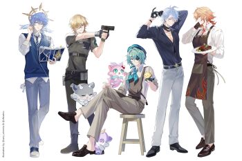 5boys absurdres aiming anaxa_(honkai:_star_rail) anaxa_(ingenuity)_(honkai:_star_rail) animal antenna_hair apron aqua_hair artist_collaboration aventurine_(bullseye)_(honkai:_star_rail) aventurine_(honkai:_star_rail) belt belt_pouch bird black_belt black_choker black_gloves black_shirt black_shoes blonde_hair blue_eyes blue_hair blue_hat blue_neckerchief book brown_apron brown_pants brown_shoes castorice_(butterfly_cake)_(honkai:_star_rail) castorice_(honkai:_star_rail) character_charm charm_(object) chest_harness chest_tattoo chimera_(honkai:_star_rail) choker closed_mouth collared_shirt commentary crystal_earrings dog_tags earclip earphones earrings english_commentary eyepatch food full_body gloves gold_earrings grey_pants grey_shirt gun hair_between_eyes halo halo_behind_head handgun harness hat head_wings highres holding holding_animal holding_bird holding_book holding_gun holding_plate holding_weapon honkai:_star_rail honkai_(series) hyacine_(honkai:_star_rail) hyacine_(krenabis)_(honkai:_star_rail) jewelry loafers long_sleeves looking_at_viewer male_focus medium_hair multiple_boys mydei_(delicacies)_(honkai:_star_rail) mydei_(honkai:_star_rail) neckerchief necktie official_alternate_costume one_eye_closed one_eye_covered open_book pants parted_lips phainon_(fashion)_(honkai:_star_rail) phainon_(honkai:_star_rail) phainon_(vigethos)_(honkai:_star_rail) plate pouch robin_(honkai:_star_rail) safety_glasses saru_youichi school_uniform shirt shoes short_hair short_sleeves sitting smile spiked_halo standing steak striped_necktie sunday_(brilliant_youth)_(honkai:_star_rail) sunday_(honkai:_star_rail) tattoo untucked_shirt weapon white_hair white_pants white_shirt white_wings wings xnoahru yellow_eyes