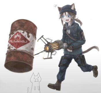 1girl :3 absurdres animal_ear_fluff animal_ears beanie belt black_belt black_hat blue_eyes blue_hoodie blue_pants blush boots brown_boots brown_hair cat cat_ears cat_girl cat_tail commentary cosplay diu9you drum_(container) explosive eyelashes fang fingerless_gloves flammable_symbol gloves gravity_gun grey_background hair_between_eyes hair_ornament half-life half-life_(series) half-life_2 hat highres holding holding_weapon hood hoodie long_sleeves looking_at_object medium_hair open_mouth original pants physics ponytail shirt sidelocks simple_background smile solo tail v-shaped_eyebrows vest walking weapon white_background white_shirt zero_gravity