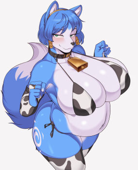 1girl animal_ear_fluff animal_ears animal_nose animal_print belt_collar bikini bikini_top_only blue_hair breasts bridal_gauntlets cervina cleavage closed_mouth collar cow_print cow_print_bikini cowbell eyelashes female_focus fox fox_ears fox_tail furry furry_female green_eyes huge_breasts krystal nintendo pregnant print_bikini side-tie_bottom simple_background smile solo standing star_fox star_fox_adventures swimsuit tail thick_thighs thighhighs thighs white_background