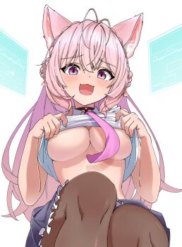1girl :3 animal_ear_fluff animal_ears antenna_hair black_choker black_skirt blush braid braided_bun breasts brown_pantyhose choker clothes_lift collared_shirt commentary commission commissioner_upload crown_braid double_bun english_commentary eru_(l_illust45) frilled_shirt frilled_skirt frills hair_between_eyes hair_bun hair_ribbon hakui_koyori hakui_koyori_(1st_costume) heart heart_choker highres holographic_interface hololive knees large_breasts lifting_own_clothes long_hair looking_at_viewer looking_down midriff open_mouth pantyhose pink_hair purple_eyes red_ribbon ribbon shirt shirt_lift short_sleeves skeb_commission skirt smile solo teasing underboob virtual_youtuber white_background white_shirt wolf_ears wolf_girl