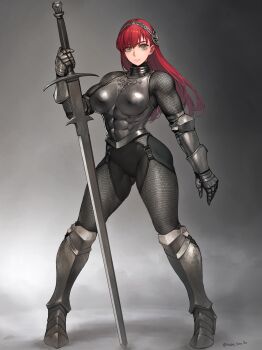 Rule 34 | 1girl, abs, armor, boobplate, breastplate, breasts, chainmail, full body, gauntlets, hairband, highres, knight, legs apart, long hair, muscular, muscular female, original, red hair, solo, sword, takebouzu, weapon, zweihander