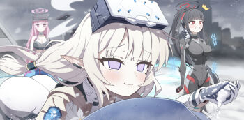 3girls ass bare_shoulders biting_own_lip black_bodysuit black_hair black_halo black_sports_bra blue_archive blunt_bangs bodysuit breasts bright_pupils cleavage clenched_teeth closed_mouth cold collarbone commentary_request covered_navel earclip eimi_(battlesuit)_(blue_archive) eimi_(blue_archive) garados_(limmjiiiminnn99) grey_jacket hair_between_eyes hair_ornament halo head-mounted_display highres himari_(armed)_(blue_archive) himari_(blue_archive) holding holding_snowball hover_bike hover_vehicle impossible_bodysuit impossible_clothes jacket large_breasts latex latex_bodysuit long_hair long_sleeves mole mole_under_eye motor_vehicle motorcycle multicolored_halo multiple_girls official_alternate_costume official_alternate_hairstyle on_motorcycle outdoors pink_hair pink_halo pointy_ears ponytail purple_eyes red_eyes ringed_eyes rio_(armed)_(blue_archive) rio_(blue_archive) sidelocks skin_tight snow snowball snowing sports_bra standing tearing_up teeth trembling two-tone_halo very_long_hair white_bodysuit white_hair white_halo white_pupils