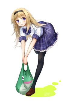 1girl bag bent_over black_hairband black_pantyhose blonde_hair blush bow bowtie breasts brown_shoes chaos;head chaos;head_love_chu_chu! collared_shirt dress_shirt gero-froggy hairband holding holding_bag leaning_forward loafers long_hair looking_to_the_side miniskirt nishijou_nanami pantyhose plaid_bow plaid_bowtie plaid_clothes plaid_skirt plaid_sleeves pleated_skirt purple_bow purple_bowtie purple_eyes purple_skirt school_emblem school_uniform science_adventure shirt shoes short_sleeves skirt small_breasts solo standing standing_on_one_leg suimei_academy_school_uniform white_shirt yakku