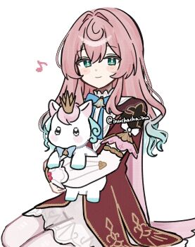 1girl absurdres alternate_hairstyle aqua_eyes aqua_hair blush_stickers closed_mouth commentary_request creature crown dress hair_between_eyes hair_down hair_intakes haruo_(haruooimo) highres holding holding_creature honkai:_star_rail honkai_(series) hyacine_(honkai:_star_rail) long_hair long_sleeves looking_at_viewer multicolored_hair musical_note pink_hair puffy_long_sleeves puffy_sleeves red_dress simple_background solo twitter_username two-tone_hair very_long_hair white_background