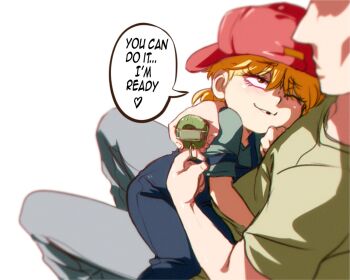 1boy 1girl age_difference animification baseball_cap blonde_hair child english_text explosive grenade hat heart hug imminent_suicide jcm2 lana_loud loli missing_tooth nickelodeon one_eye_closed overalls parted_lips simple_background sitting sitting_on_lap sitting_on_person speech_bubble spoken_heart suicide teeth the_loud_house white_background