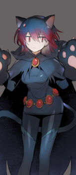 1girl animal_ears animal_hands belt blue_hair brooch cape cat_tail closed_mouth dc_comics gradient_hair grey_background hair_between_eyes hands_up hood hood_down ivy60530 jewelry looking_to_the_side medium_hair multicolored_hair raven_(dc) red_hair solo superhero_costume tail teen_titans