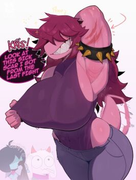 1boy 1girl 1other alternate_breast_size_(larger) armlet armpits breasts covered_abs covered_navel deltarune doobie_ralsei_(meme) highres huge_breasts jewelry kris_(dark_world)_(deltarune) kris_(deltarune) leotard leotard_under_clothes meme muscular muscular_female ralsei ryz_ryz scar scar_on_arm short_tail smelling smelling_clothes spiked_armlet susie_(dark_world)_(deltarune) susie_(deltarune) sweat tail utdr_(toby_fox) very_sweaty