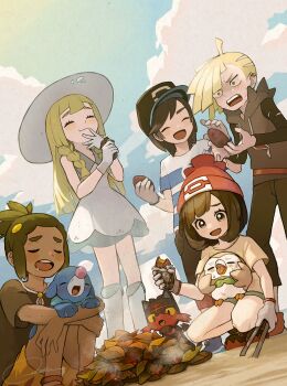 2girls 3boys :t ahoge beanie blonde_hair blush closed_eyes closed_mouth cloud commentary_request dark-skinned_male dark_skin day dress drooling ear_piercing eating elio_(pokemon) food from_below gen_7_pokemon gladion_(pokemon) hat hau_(pokemon) highres holding kneehighs lillie_(pokemon) miu_(miuuu_721) multiple_boys multiple_girls nintendo open_mouth outdoors pants piercing pokemon pokemon_(creature) pokemon_sm popplio roasted_sweet_potato rowlet selene_(pokemon) shirt shoes short_hair short_sleeves shorts signature sky sleeveless sleeveless_dress smile socks squatting standing starter_pokemon_trio steam sweat sweet_potato teeth tongs tongue upper_teeth_only vest